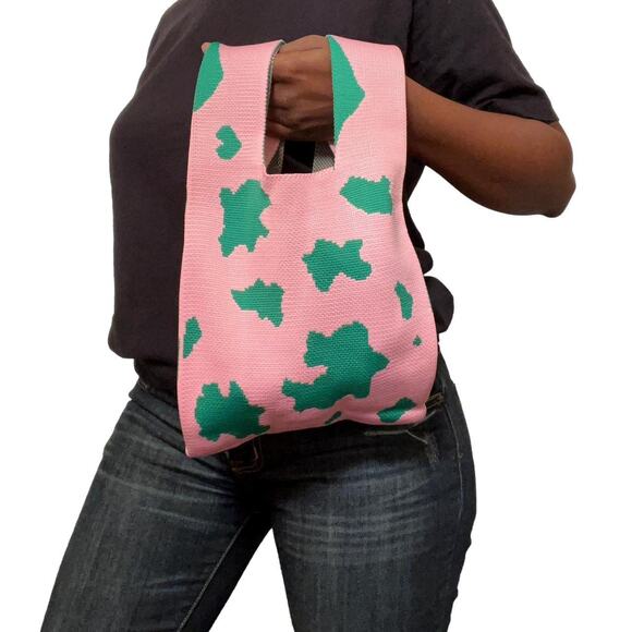 Pink & Green Cow Print Tote Handle Bag - Picture 3 of 6